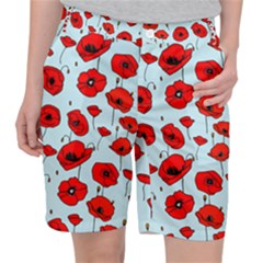 Poppies Flowers Red Seamless Pattern Women s Pocket Shorts