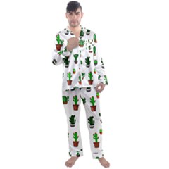 Cactus Plants Background Pattern Seamless Men s Long Sleeve Satin Pajamas Set