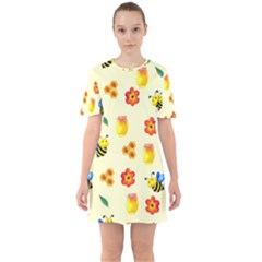 Seamless Honey Bee Texture Flowers Nature Leaves Honeycomb Hive Beekeeping Watercolor Pattern Sixties Short Sleeve Mini Dress