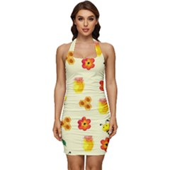 Seamless Honey Bee Texture Flowers Nature Leaves Honeycomb Hive Beekeeping Watercolor Pattern Sleeveless Wide Square Neckline Ruched Bodycon Dress by Maspions