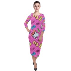 Hello Kitty, Cute, Pattern Quarter Sleeve Midi Velour Bodycon Dress