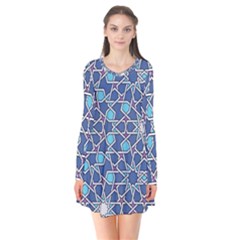 Islamic Ornament Texture, Texture With Stars, Blue Ornament Texture Long Sleeve V-neck Flare Dress by nateshop