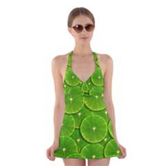 Lime Textures Macro, Tropical Fruits, Citrus Fruits, Green Lemon Texture Halter Dress Swimsuit  by nateshop