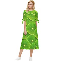 Lime Textures Macro, Tropical Fruits, Citrus Fruits, Green Lemon Texture Bow Sleeve Chiffon Midi Dress by nateshop