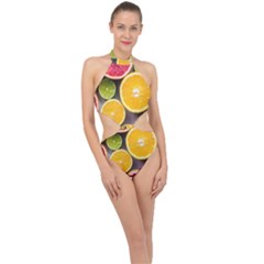 Oranges, Grapefruits, Lemons, Limes, Fruits Halter Side Cut Swimsuit