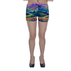 Field Valley Nature Meadows Flowers Dawn Landscape Skinny Shorts