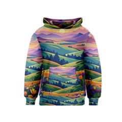 Field Valley Nature Meadows Flowers Dawn Landscape Kids  Pullover Hoodie