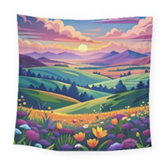 Field Valley Nature Meadows Flowers Dawn Landscape Square Tapestry (large)