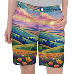 Field Valley Nature Meadows Flowers Dawn Landscape Women s Pocket Shorts by Maspions