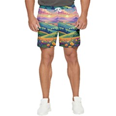 Field Valley Nature Meadows Flowers Dawn Landscape Men s Runner Shorts by Maspions