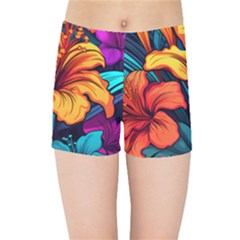 Hibiscus Flowers Colorful Vibrant Tropical Garden Bright Saturated Nature Kids  Sports Shorts