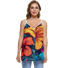 Hibiscus Flowers Colorful Vibrant Tropical Garden Bright Saturated Nature Casual Spaghetti Strap Chiffon Top