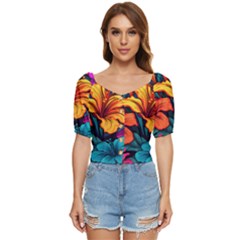 Hibiscus Flowers Colorful Vibrant Tropical Garden Bright Saturated Nature Button Up Blouse