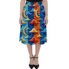 Clouds Stars Sky Moon Day And Night Background Wallpaper Classic Midi Skirt