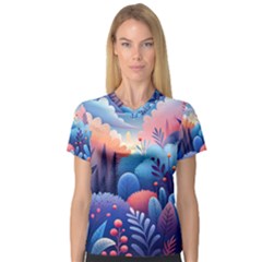 Nature Night Bushes Flowers Leaves Clouds Landscape Berries Story Fantasy Wallpaper Background Sampl V-neck Sport Mesh T-shirt