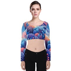 Nature Night Bushes Flowers Leaves Clouds Landscape Berries Story Fantasy Wallpaper Background Sampl Velvet Long Sleeve Crop Top