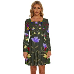 Bird Flower Plant Nature Long Sleeve Wide Neck Velvet Dress by Maspions