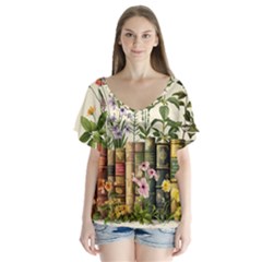 Books Flowers Book Flower Flora Floral V-neck Flutter Sleeve Top