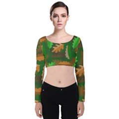 Leaves Foliage Pattern Oak Autumn Velvet Long Sleeve Crop Top