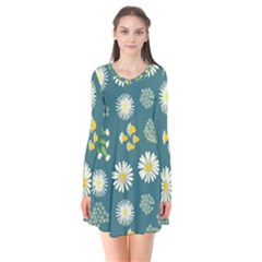 Drawing Flowers Meadow White Long Sleeve V-neck Flare Dress