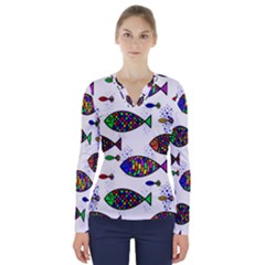 Fish Abstract Colorful V-neck Long Sleeve Top