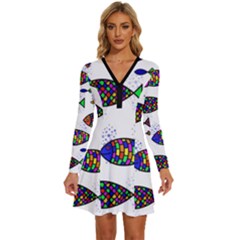 Fish Abstract Colorful Long Sleeve Deep V Mini Dress 