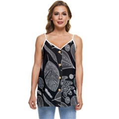 Leaves Flora Black White Nature Casual Spaghetti Strap Chiffon Top