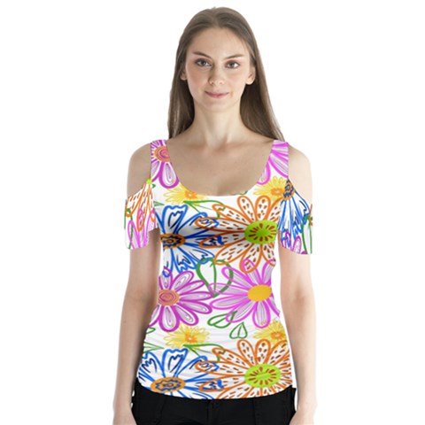 Bloom Flora Pattern Printing Butterfly Sleeve Cutout T-shirt  by Maspions