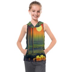 Outdoors Night Moon Full Moon Trees Setting Scene Forest Woods Light Moonlight Nature Wilderness Lan Kids  Sleeveless Hoodie by Posterlux