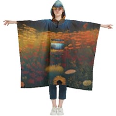 Wildflowers Field Outdoors Clouds Trees Cover Art Storm Mysterious Dream Landscape Women s Hooded Rain Ponchos by Posterlux