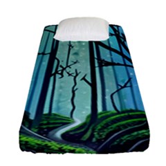 Nature Outdoors Night Trees Scene Forest Woods Light Moonlight Wilderness Stars Fitted Sheet (single Size)