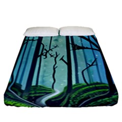 Nature Outdoors Night Trees Scene Forest Woods Light Moonlight Wilderness Stars Fitted Sheet (queen Size)