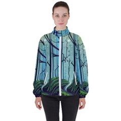 Nature Outdoors Night Trees Scene Forest Woods Light Moonlight Wilderness Stars Women s High Neck Windbreaker