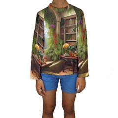 Room Interior Library Books Bookshelves Reading Literature Study Fiction Old Manor Book Nook Reading Kids  Long Sleeve Swimwear by Posterlux