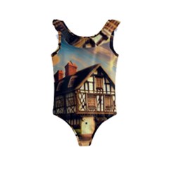 Village House Cottage Medieval Timber Tudor Split Timber Frame Architecture Town Twilight Chimney Kids  Frill Swimsuit by Posterlux