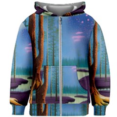 Artwork Outdoors Night Trees Setting Scene Forest Woods Light Moonlight Nature Kids  Zipper Hoodie Without Drawstring by Posterlux