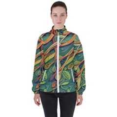 Outdoors Night Setting Scene Forest Woods Light Moonlight Nature Wilderness Leaves Branches Abstract Women s High Neck Windbreaker by Posterlux