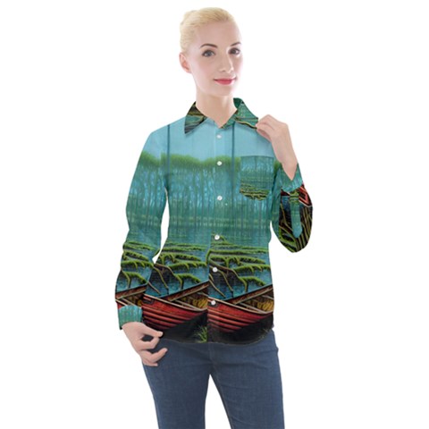 Boat Canoe Swamp Bayou Roots Moss Log Nature Scene Landscape Water Lake Setting Abandoned Rowboat Fi Women s Long Sleeve Pocket Shirt by Posterlux