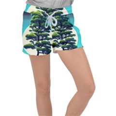 Pine Moon Tree Landscape Nature Scene Stars Setting Night Midnight Full Moon Women s Velour Lounge Shorts by Posterlux