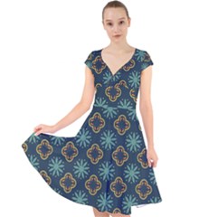 Flowers Pattern Design Abstract Cap Sleeve Front Wrap Midi Dress