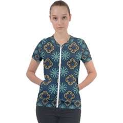 Flowers Pattern Design Abstract Short Sleeve Zip Up Jacket