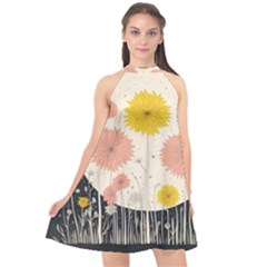 Space Flowers Universe Galaxy Halter Neckline Chiffon Dress 