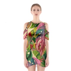 Monstera Colorful Leaves Foliage Shoulder Cutout One Piece Dress