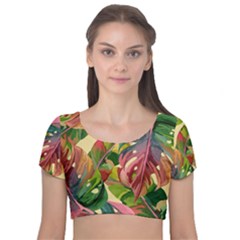 Monstera Colorful Leaves Foliage Velvet Short Sleeve Crop Top 