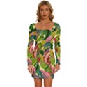 Monstera Colorful Leaves Foliage Long Sleeve Square Neck Bodycon Velvet Dress View1