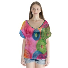 Colorful Abstract Patterns V-neck Flutter Sleeve Top