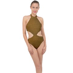Anstract Gold Golden Grid Background Pattern Wallpaper Halter Side Cut Swimsuit by Maspions