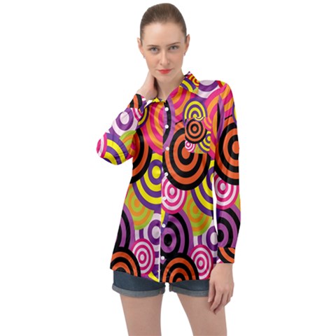 Abstract Circles Background Retro Long Sleeve Satin Shirt by Ravend