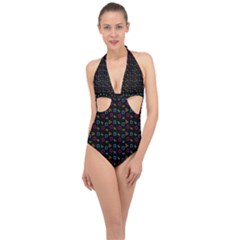 Background Ornamental Pattern Halter Front Plunge Swimsuit