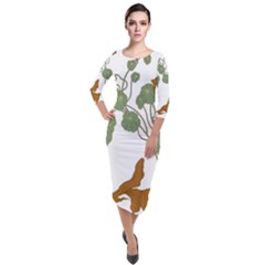 Nasturtium Flower Plant Leaves Quarter Sleeve Midi Velour Bodycon Dress